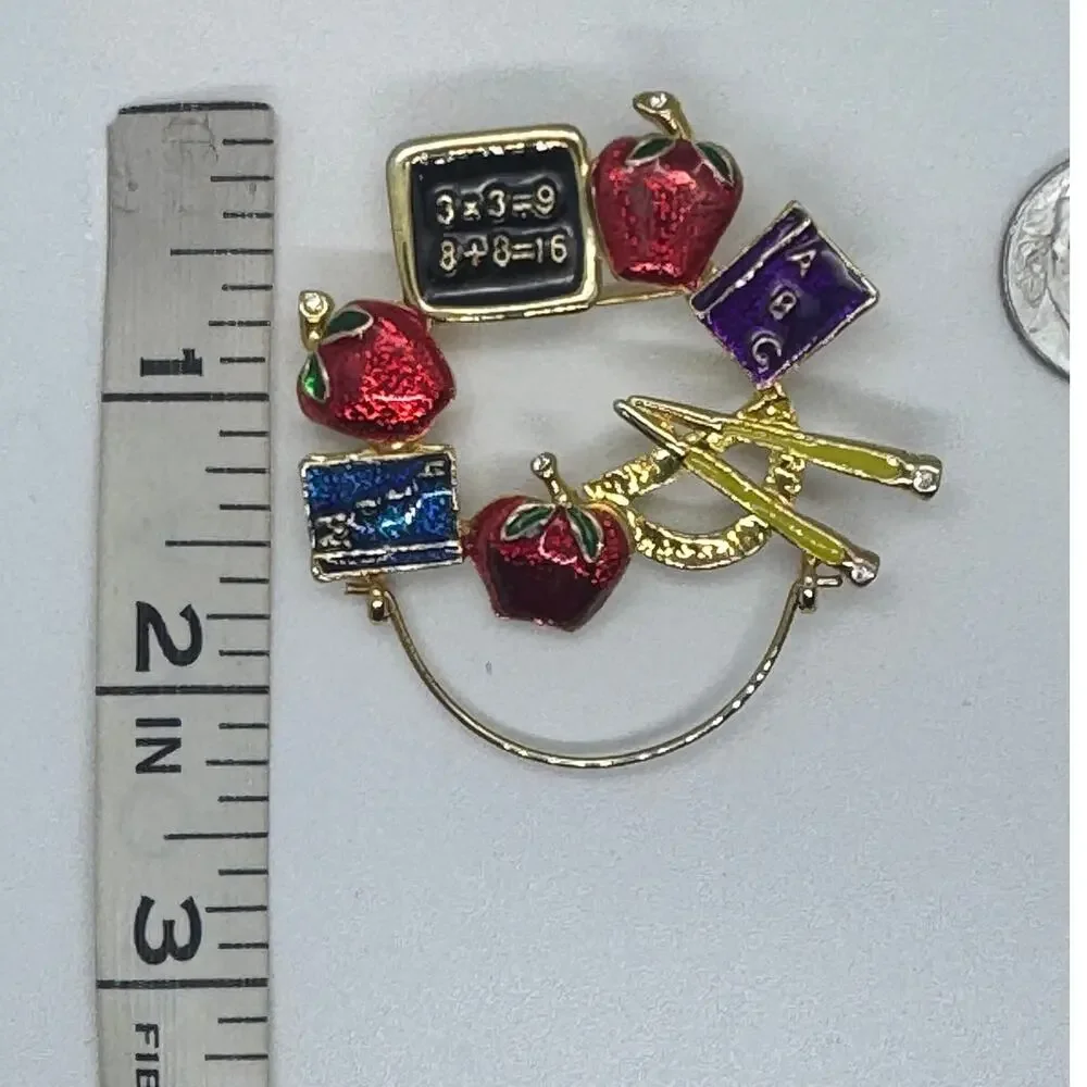 Teacher, Educator brooch with wire to hold charms, enamel, gold-toned